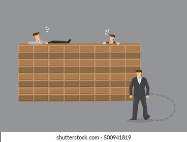 Two men trying to climb over brick wall and third man found just go around it. Creative vector illustration on metaphor for doing things the hard way versus out of box thinking for problem solving.