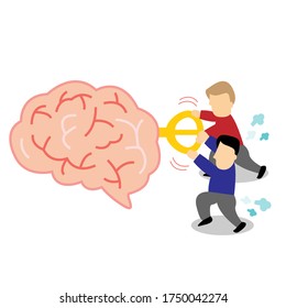 Two men trying hard to wind up the brain moving forward cartoon vector