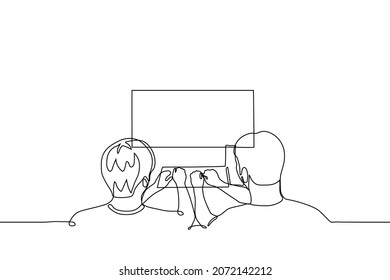 dos hombres están tecleando en un teclado mientras miran en un monitor grande - un vector de dibujo de una línea. el concepto de dos jugadores apasionados que pasan por un juego difícil