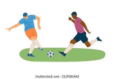 Two men in uniform kick and pass the ball during soccer game, flat vector illustration isolated on white background. Football players on the field. Concept of sport and competition.