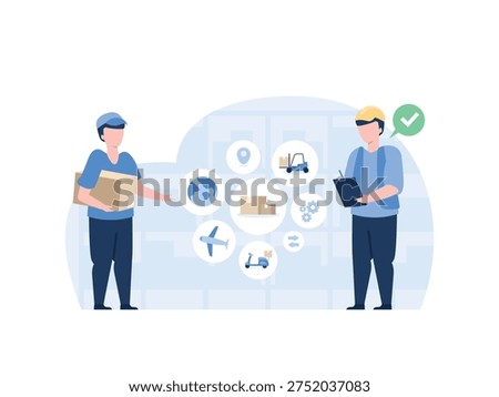 Two men in uniform are shown discussing and managing international cargo transportation with various icons representing different modes of transport and global reach