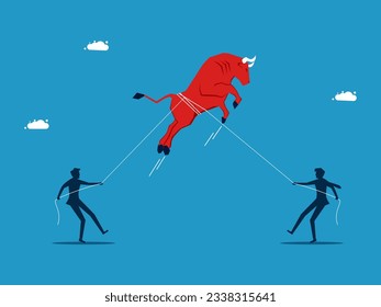 Two men use a rope to catch a bull. stock market investment concept 
