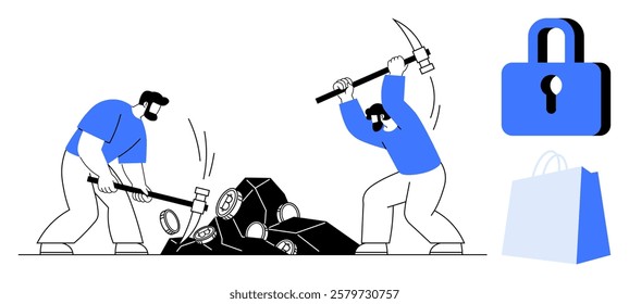 Two men use a sledgehammer and pickaxe to break rocks. A locked padlock and a shopping bag with are displayed beside them. Ideal for security, construction, e-commerce, hard work, teamwork