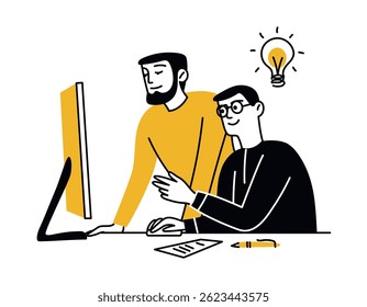 Dois homens usando laptop, trabalhando no projeto. Conceito de implementação de ideias. Tecnologias digitais. Ilustração isolada do doodle do vetor, estilo simples, contorno