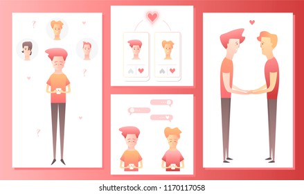 Two men using mobile application for dating or searching romantic partner on internet. Gay male couple met online. Flat vector illustration.