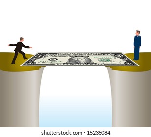Two men using money to form a partnership by crossing a Dollar Bridge