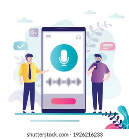 Two men using a smart voice assistant. Male character records voice messages via smartphone. Phone screen with large microphone and sound waves. Ai technology concept. Trendy flat vector illustration