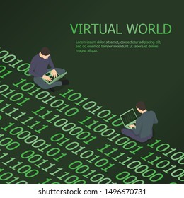 Two men are in the virtual world. Programmers exchange information using binary code.