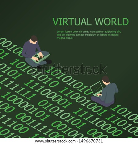 Two men are in the virtual world. Programmers exchange information using binary code.
