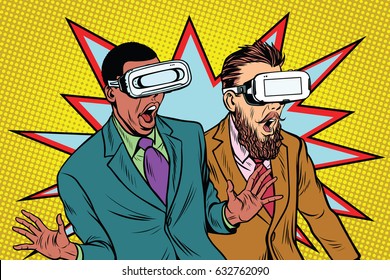 Two men in VR glasses scared and screaming in panic. Film and entertainment. Pop art retro vector illustration