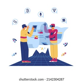 Two men in VR headsets in metaverse flat vector illustration. Young men scrolling news about NFT art and crypro currencies in virtual reality. 