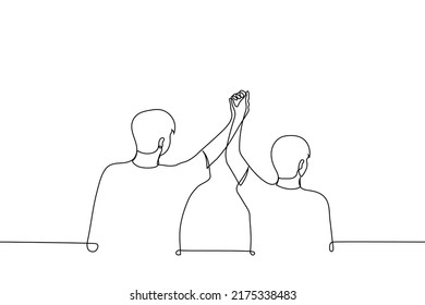 two men walk holding hands raised together - one line drawing vector. concept of triumph, group victory, friendly support