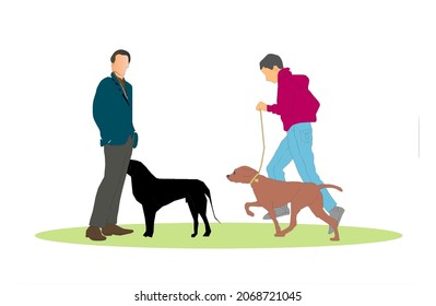 Dos hombres son perros que caminan.
