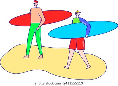 Two men walking with surfboards on beach sand. Casual beachwear and summertime activity. Surfing lesson, ocean sports vector illustration.