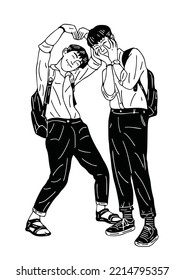 two men walking together hand drawn art illustration