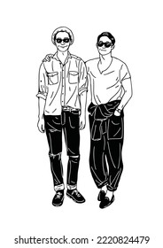 two men walking together hand drawn art illustration