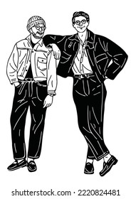 two men walking together hand drawn art illustration