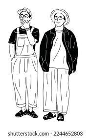 two men walking together hand drawn art illustration