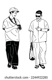two men walking together hand drawn art illustration