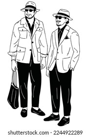two men walking together hand drawn art illustration