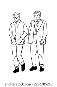 two men walking together hand drawn art illustration