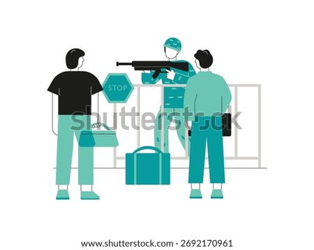 Two men want to escape from armed invaders and move to another country. Character design. Vector flat illustration