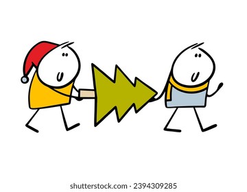 Two men in warm clothes are carrying a Christmas tree home from the forest or a store. Vector illustration of people preparing for the winter holidays. Isolated persons on white background.