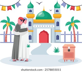 Two men are warmly embracing and wearing thobe Concept, expressing love brotherhood outside vector icon design ramadan and Eid al-Fitr Banner, Muslim fasting month scene, Arabic holidays illustration