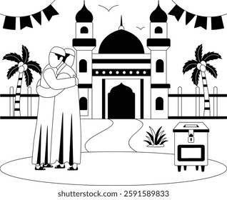 Two men are warmly embracing and wearing thobe Concept, expressing love brotherhood outside vector icon design Ramazan and Eid al-Fitr sign, Muslim fasting month story, Arabic holidays illustration