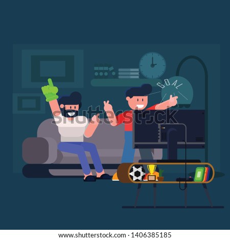 two men watching tv soccer game match competition in living room flat design,vector illustration