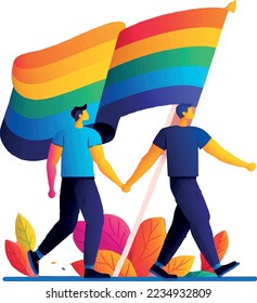 Dos hombres ondeando la bandera arcoiris