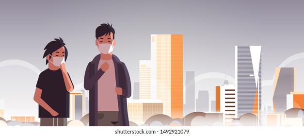 two men wearing face masks environmental industrial smog dust toxic air pollution virus protection concept guys walking outdoor city building cityscape skyline background portrait horizontal