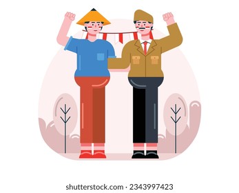 Two men are wearing farmer costumes and hero clothes with hats, decorated flag banners. The festival event celebrates the birthday of Indonesia. Character designs. Vector flat illustration