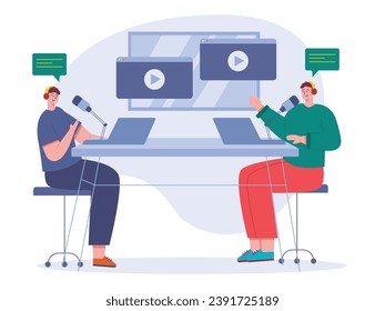 Two men wearing headphones with laptops and microphones sitting in a podcast studio, recording social media content. Character design. Vector flat illustration