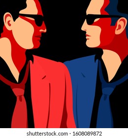 Two men wearing jackets, ties and sunglasses look at each other. Vector illustration