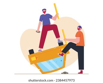 Two men wearing masks protesting the uprising damage a car during a demonstration, using wooden blocks and stones. Character design. Vector flat illustration
