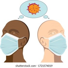 Two men wearing medical face masks while thinking about the current Coronavirus pandemic in a shared thought bubble overhead 