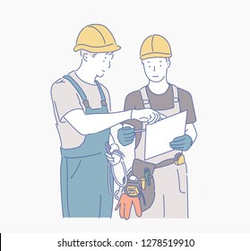 Two men wearing safety hat on the construction site are discussing the work. hand drawn style vector design illustrations.