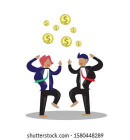 Two men wearing suits were doing happy, dancing, successful work. Talk cheerfully,coin icon.vector cartoon flat.