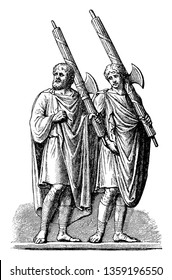 Two men wearing togas and holding fasces in hands, vintage line drawing or engraving illustration