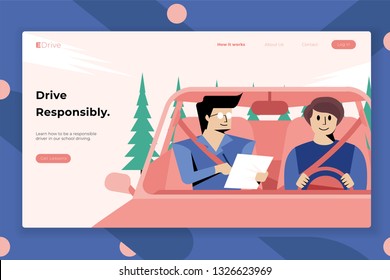 the two men were discussing learning to drive using a pink car - All elements on this template are editable with vector software