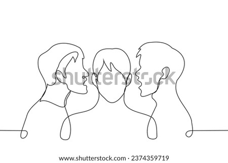 two men whisper in the ears of a man standing between them - one line art vector. concept telling secrets, convincing, recruitment, brainwashing, to get him on their side