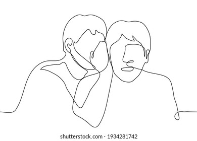 Two Men Whispering - One Line Drawing. The Man Put His Hand To His Partner's Ear, They Both Look At The Viewer