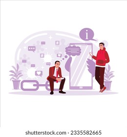 Two men who always use social media to carry out their daily activities. Trend modern vector flat illustration.