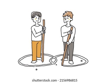 Two Men Who Draw Boundaries On The Ground And Find A Compromise Comical Handwritten Person Vector, Warm Line Drawing