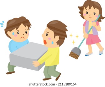 Two men who seem to be difficult to carry large heavy luggage and a smiling woman who cleans with a broom
