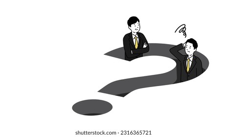 Two men who are struggling and falling into a trap of question marks,Vector illustration