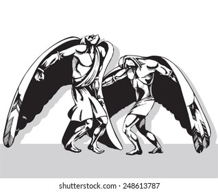 Two men with wings (black, white). Mythological characters: Icarus and Daedalus. A symbol of freedom.  Vector image.