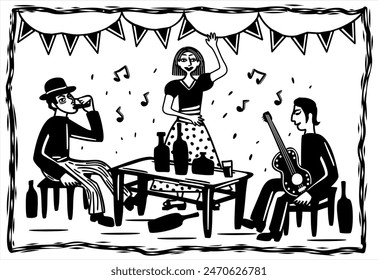 Two men and woman in bar drinking wine, playing guitar and dancing. Brazilian northeast woodcut cordel illustration.