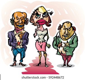 Two men and a woman, caricature, with black marker lines